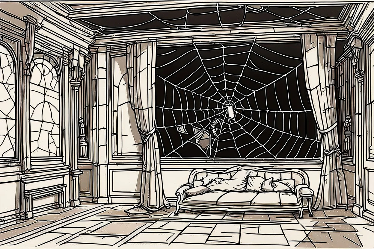 One day at night, there was a long window open, and inside the palace there was a dark room, and the window of that palace was broken and had a spider web in it, and the picture appeared from the outside. Someone was looking at someone inside, cartoon, 2D.