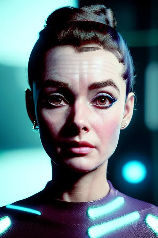 Ultra Realistic retro sci-fi scene, portrait, brunette woman, sweet Audrey Hepburn face, perfect iris, glow eyes, makeup. Aliens background, Retro sci-fi style, helmet, tight latex coat, fog, rain, soft color, highly detailed, unreal engine 5, ray tracing, RTX, lumen lighting, ultra detail, volumetric lighting, 3d, finely drawn, high definition, high resolution.