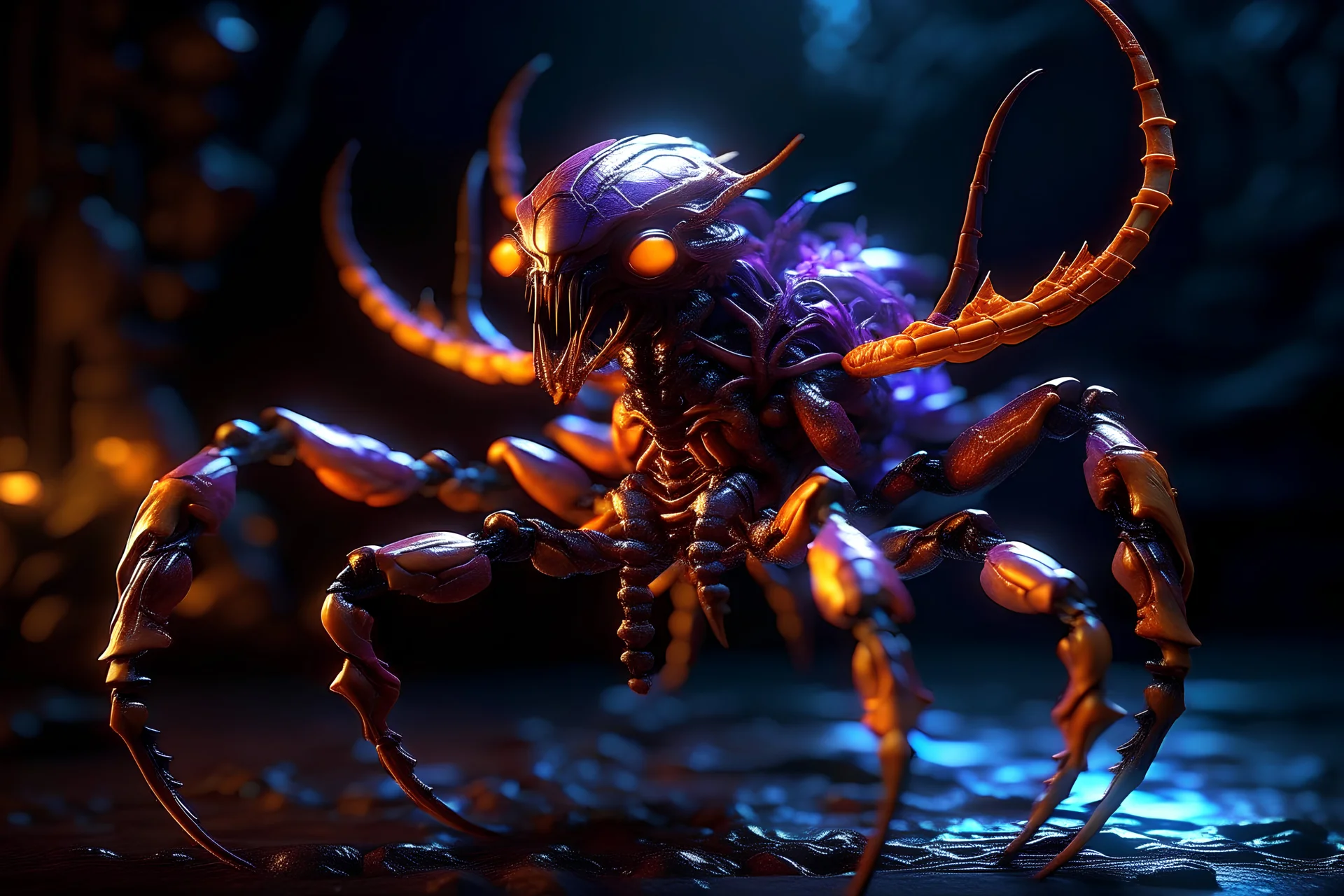 3D Print of an abstract demonic insect alien, organic, neon infusion, spikes, vectorial, glowing, scorpion kraken, hybrid, orange and purple, Controlled Randomness, depth of vision, depth of field, sharpness 35%, Low Light Photography, Unreal Engine 5, OctaneRender, object illumination, ambient occlusion, metallic texture, static background, aesthetic, cyber, glossy, glow, bloom