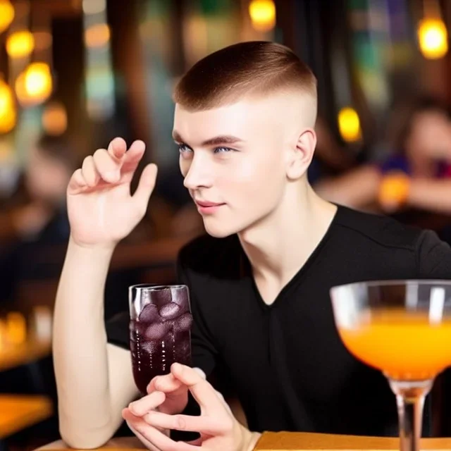 Russian guy student boy short man's haircut men's face boyish features female figure in black girlish lacy cocktail dress in restaurant