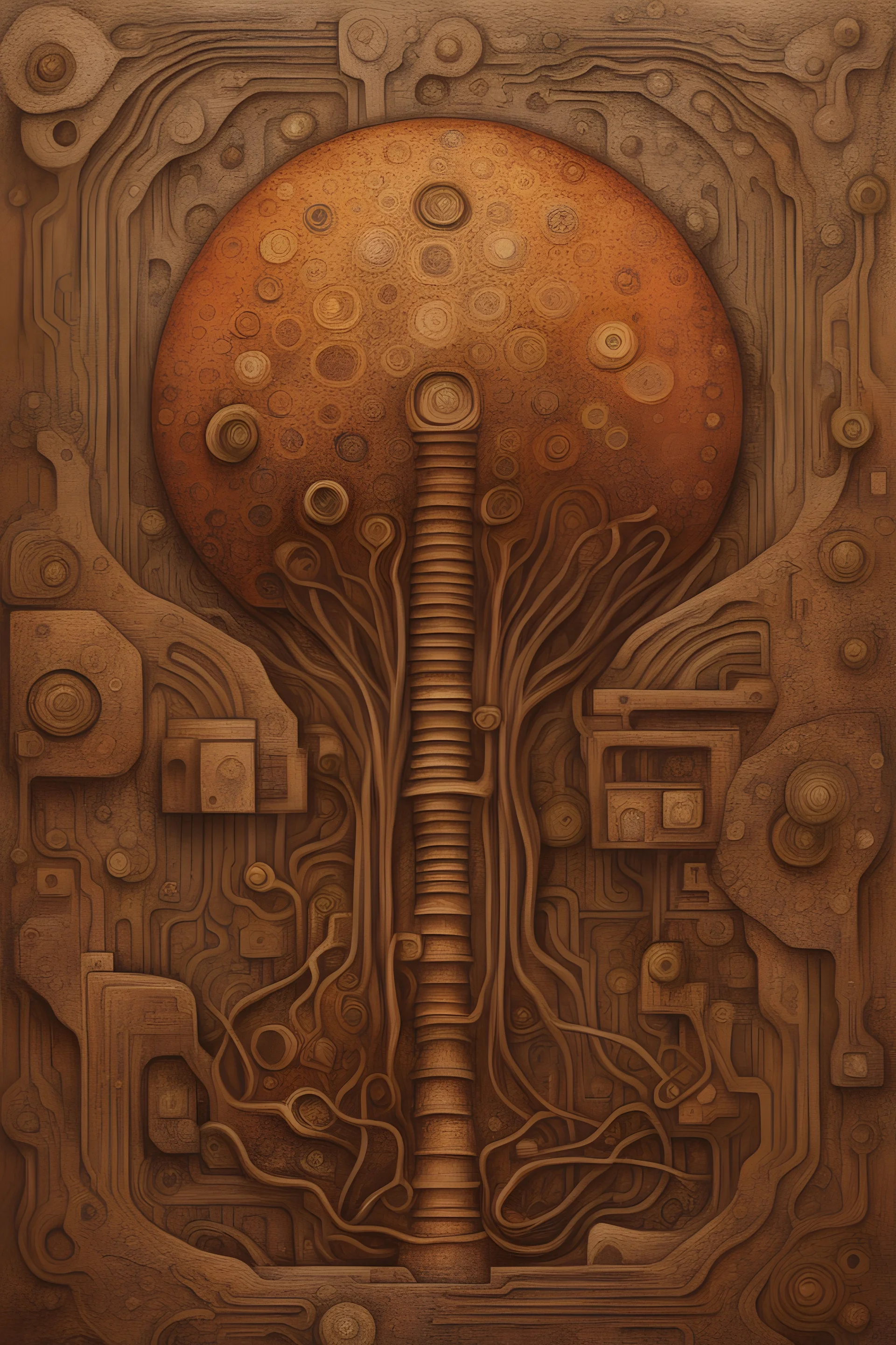 abstract picture of a biomechanoid slime mold pcb board. concept art in the style of aztec art trypophobia giger beksinski ernst haeckel. oil and charcoal painting . expressive shading