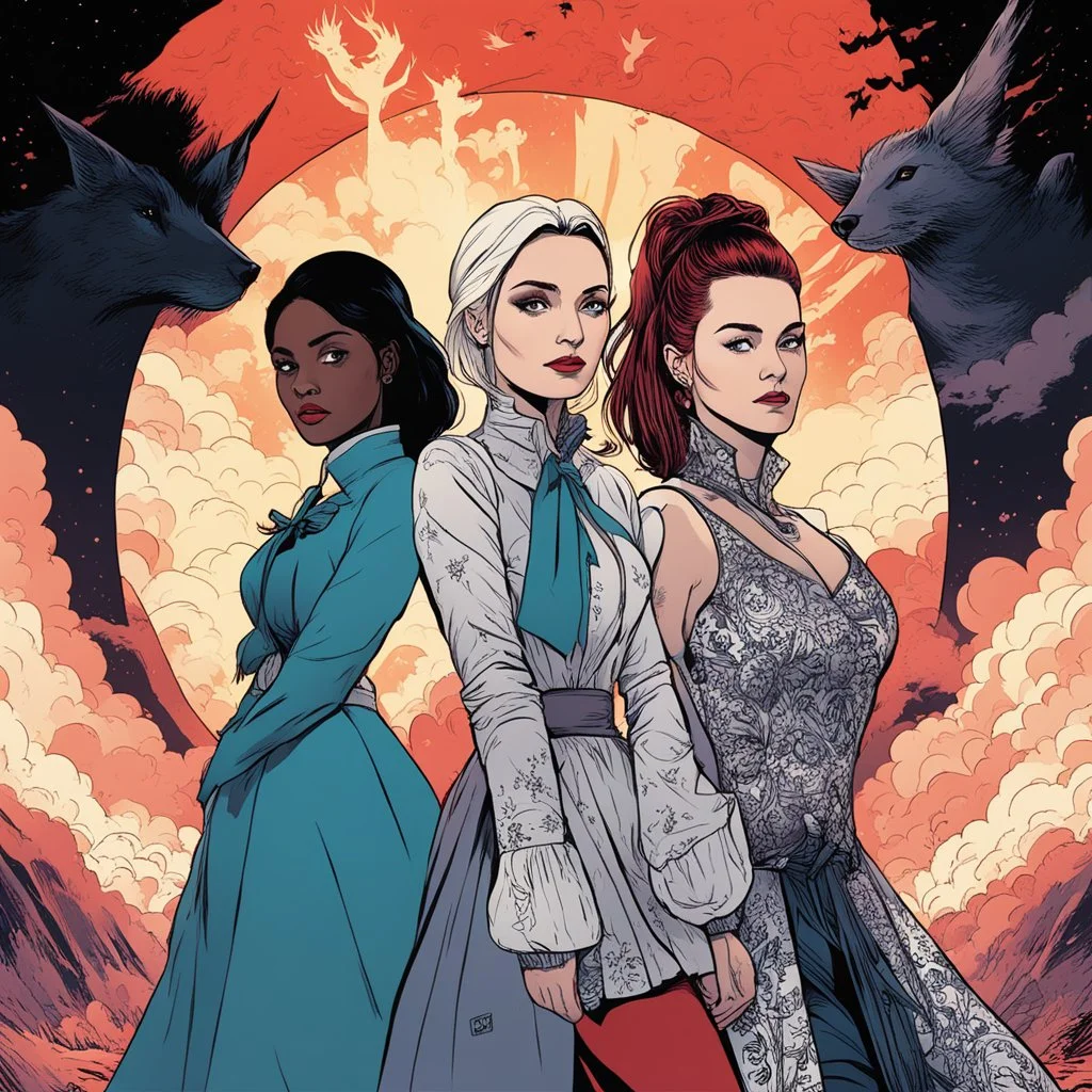 [american gods] three 3 Zorya sisters: Zorya Vechernyaya, Utrennyaya, Polunochnaya (dark magic, danger, stress), comic book style elements. The illustrations are in a square aspect ratio, with a low angle and wide-angle lens effect, blending cartoon, anime, fairy tale, and Herge's tintin styles. The images focus on line art and high contrast, digital concept art piece.