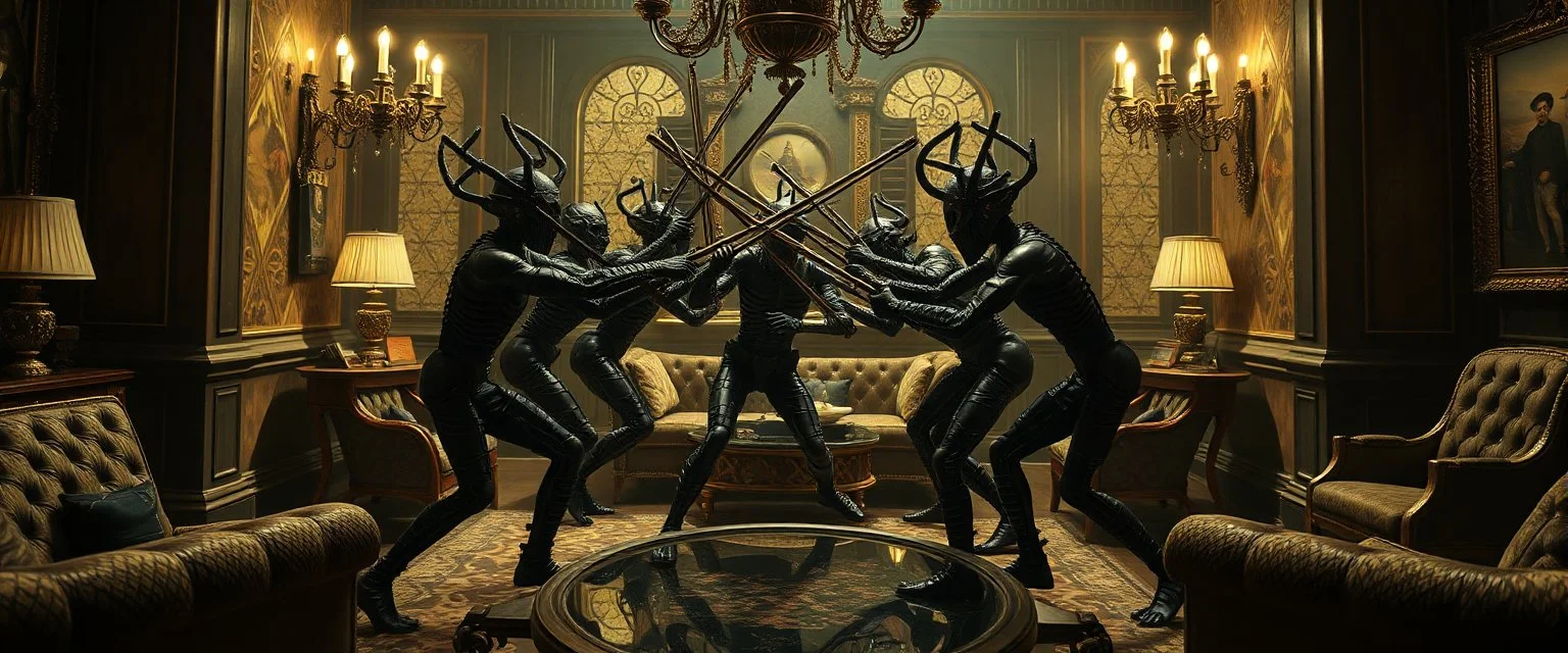 Lotsa goths pushing each other with sticks in dramatic scene in luxury parlour in the style of Giger and Escher