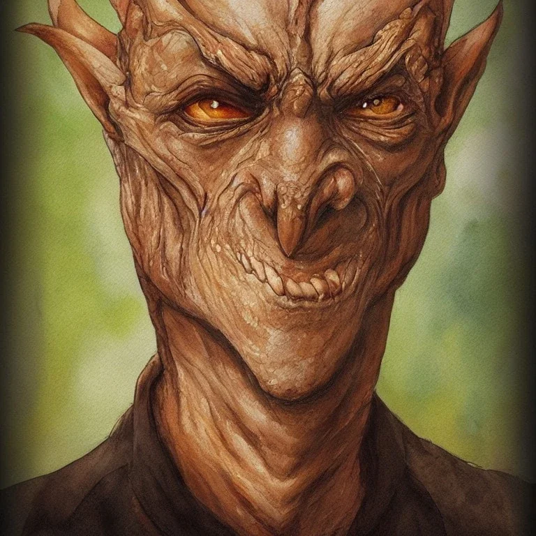 dungeons and dragons, fantasy, goblin, king, ochre skin, watercolour, distinct face, portrain, head