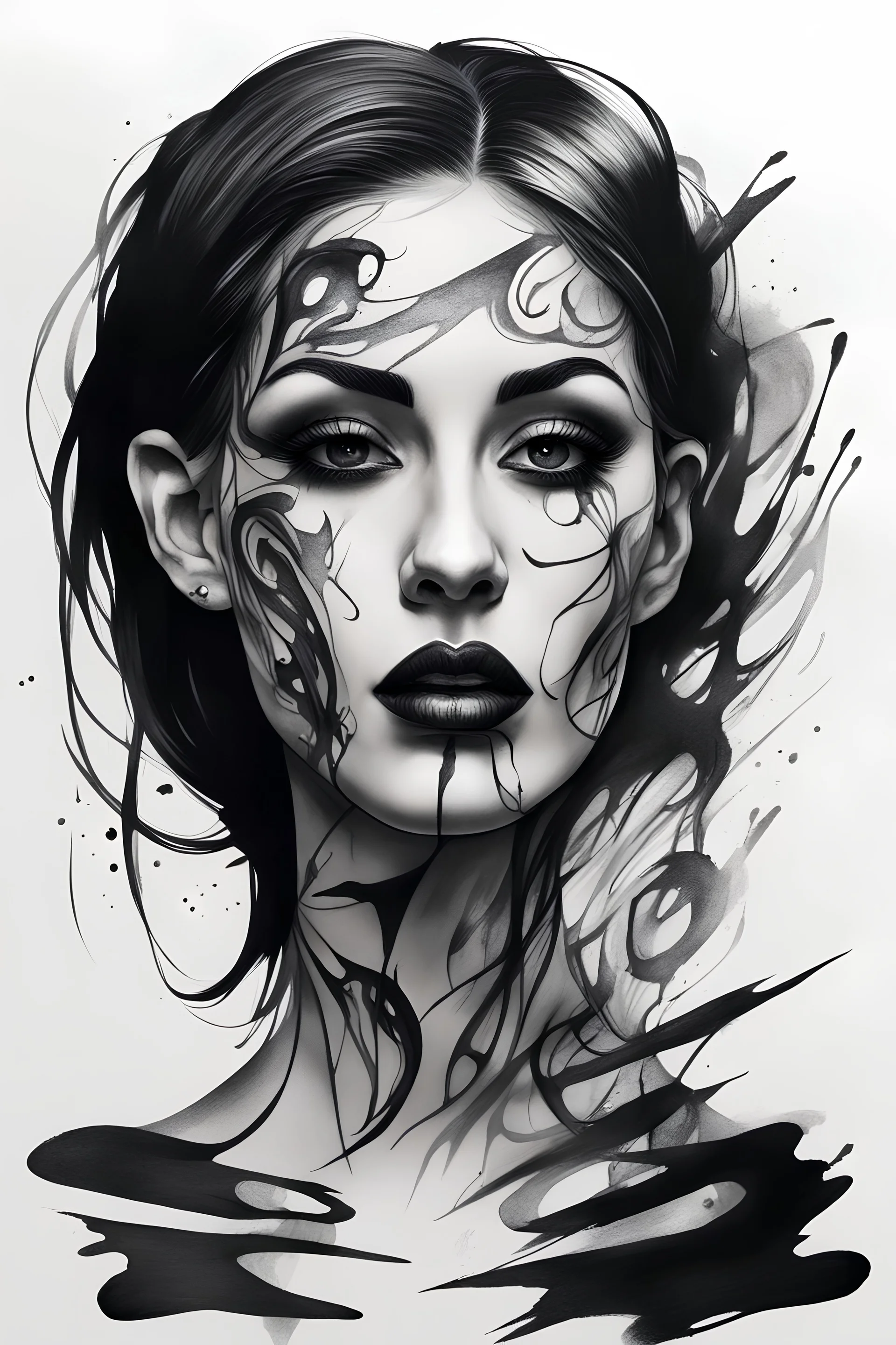 A realistic drawing in negative space black ink on white background of a beautiful goth women with abstract brushstrokes face tattoos to enhance her face