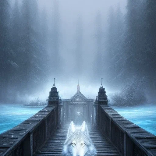 fantasy art, book cover, upper body of big mad wizard in front of the ebony stairs of a bridge or dam ,icy water, on the bridge is a wolf, there is also a hawk and everything is seen from the tree tops