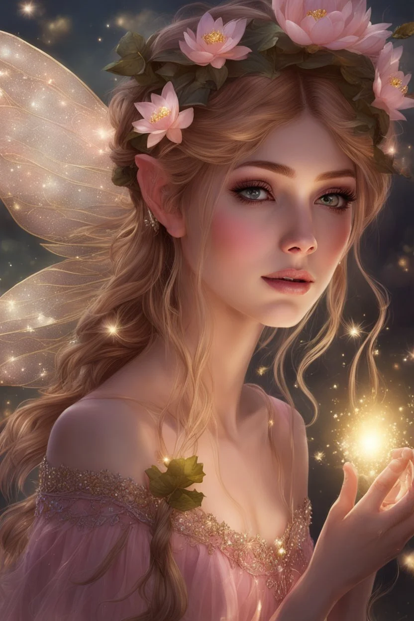 Pink dress,Sparkling fairy wings,Very long golden hair,Fairy crown,pointed ears,elven ears,fairy wings,water lilies,sparkling,glittering,flowers,blossoms,golden crown,light pink dress