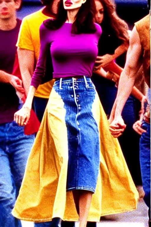 year 1996 denim fashion. Loose skirt, low waist. Colors: denim blue, blue, purple, cream, khaki, light green, lilac, plum, orange, terracotta, red, light yellow, lion yellow, pink, dark blue, beige. Angelina Jolie, Kylie Minogue