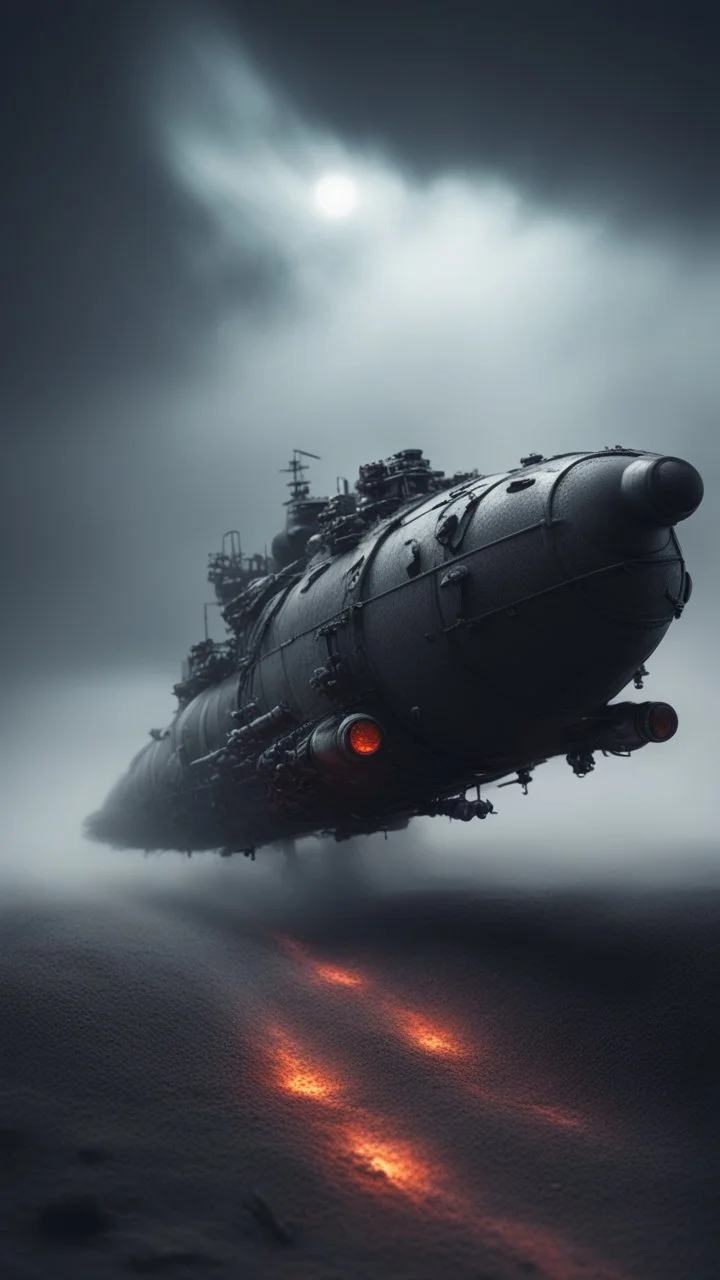 ,surrealism of the dark of a nightmare , hyper photorealistic, hyper detailed bright art color, high resolution, fog, octane render, tilt shift, HDRI Environment, all pictures dark gray, a torpedo