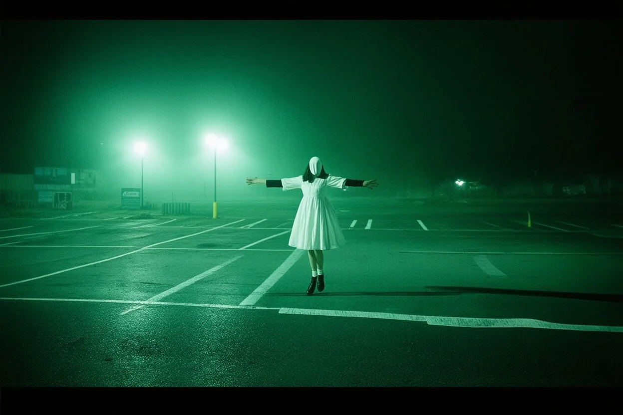 create a low-quality dashboard cam picture, high film grain, ghostly faceless girl in a white dress with arms extended levitating high off ground caught in headlights in an empty Wal-Mart parking lot on a foggy night, found footage, low contrast, super grainy greenish night vision hues, static haze.