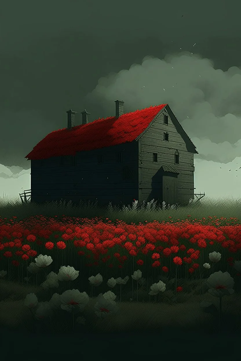 an illustration of an ark with a field with red flowers cloudy in dark aesthetic