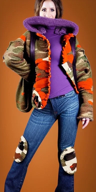 Brunette woman in her 30's. think thighs, thick calves, flat belly, wide hip. Mantle is sewed of recycled Denim and sewed together of camouflage pieces. Printed camouflage figures are orange,terracotta, cream and purple. It is with big bright purple felt tippet and cream-colored-hood. mantle is merged with satchel. . AKG-style headphones (gold rings!) is merged with small felt cap with small visor. Style: Haute Couture in 1936, Paris fashion in 2023, inspired by street art. Cream latex gaiter.