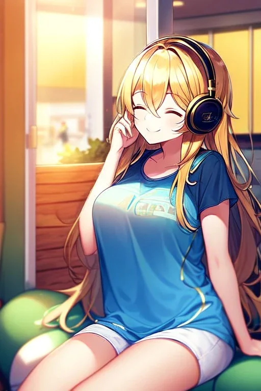 girl, masterpiece, best quality, volumetric lighting, detailed outfit, perfect eyes, golden hair, long hair, closed eyes, headphones on head, listening to music, smile, sitting, indoors, god rays, casual clothes,