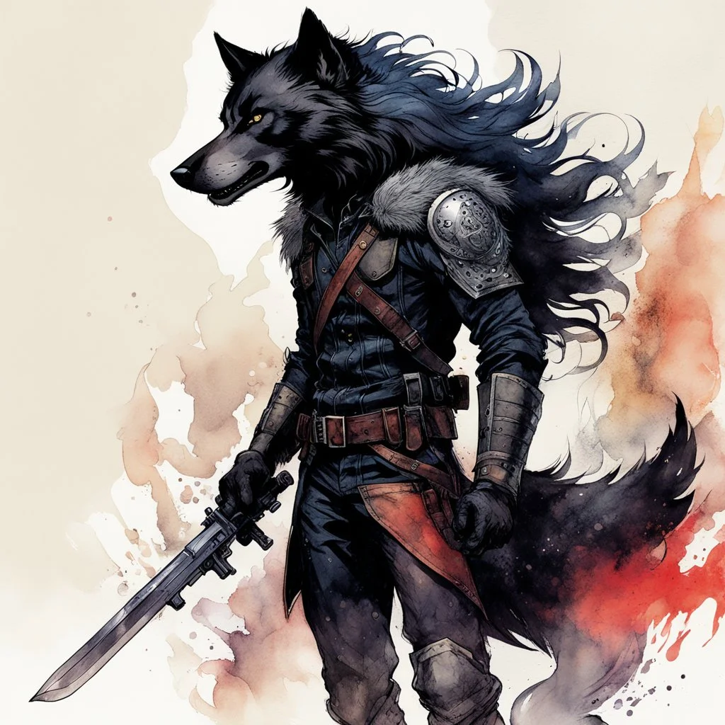 ink wash and watercolor full body concept illustration of an anthropomorphic, adventurous Black Wolf, mercenary soldier girl character with wildly flowing hair, ornately dressed with highly detailed feathers and facial features in the comic book style of Bill Sienkiewicz and Jean Giraud Moebius, with a fine art aesthetic, highly detailed , boldly inked, 4k UHD cinegraphic quality