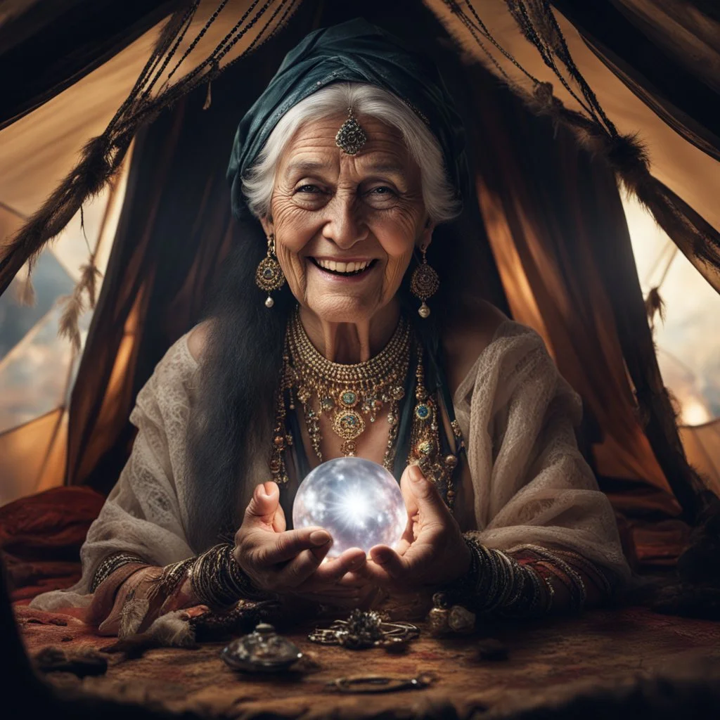 Hyper Realistic photographic-view of Terrifying-Old-Fortune-teller smiling with black-beed-necklace-&-bracelet Looking at her crystal-ball glowing magically & sitting in her tent decorated with fancy-traditional-ornaments-&-feathers showing dramatic & cinematic ambiance"