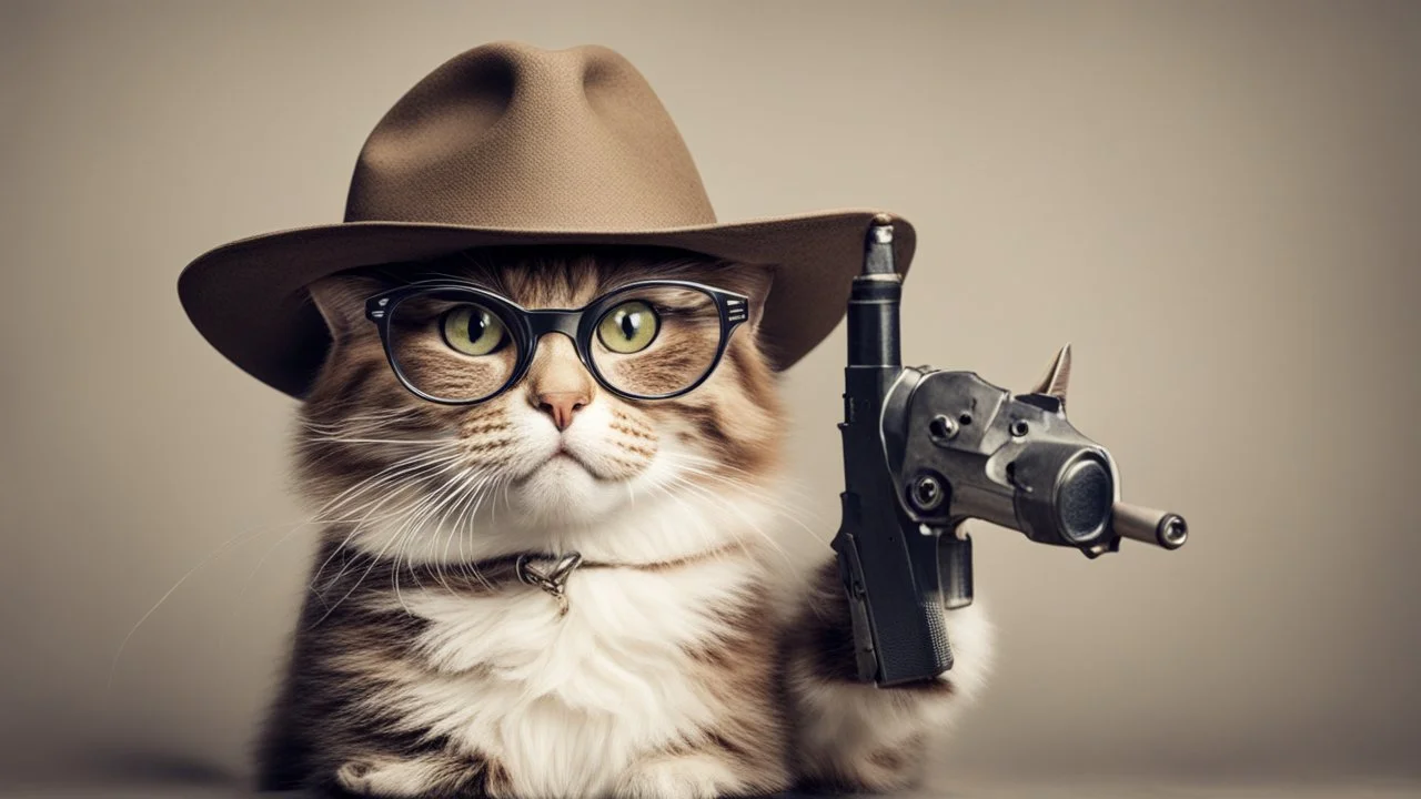 very clever cat with glasses and panama hat and gun