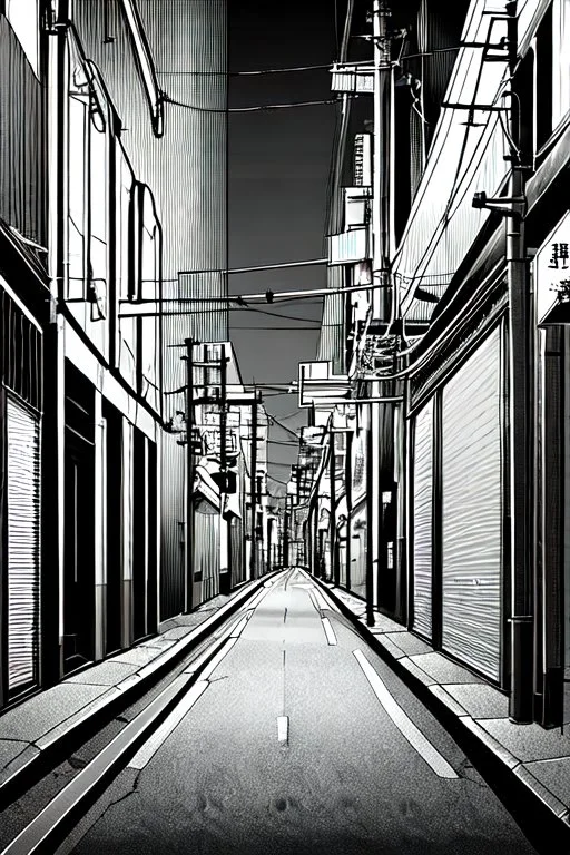 Tokyo alley, line arts, greyscale