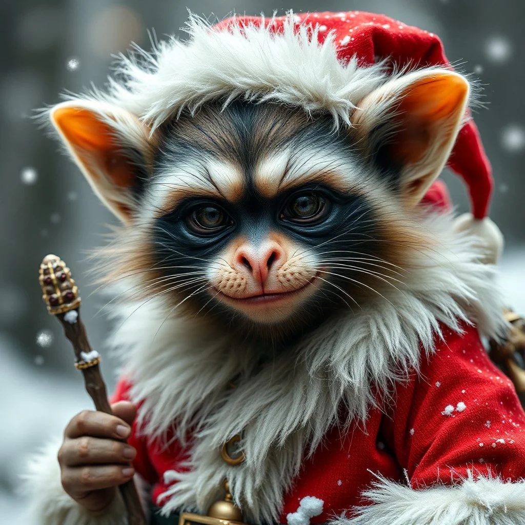 humanoid gremlin racoon santa with very human face and body, like the face of a famous person