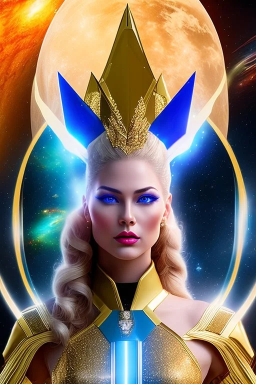 Beautiful tall woman Pleiadian galactic commander, ship, perfect detailed face, detailed golden galactic suit, high rank, long blond hair, hand with five perfect detailed fingers, amazing big blue eyes, smiling mouth, high definition lips, cosmic happiness, bright colours, blue, pink, gold, jewels, realistic, real photo, bright and sunny background, very detailed, high contrast, high definition 8k, pixel 512X512, unreal engine 5, extremely sharp details, light effect, br