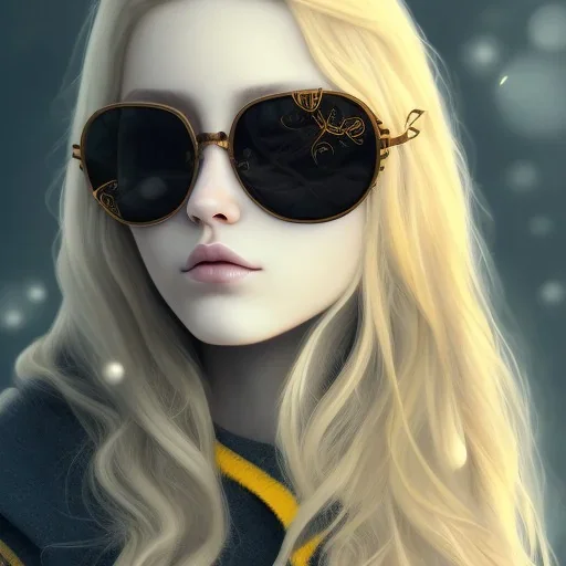 Girl with long wavy brown blond hair, yellow eyes. Wears Hogwarts Hufflepuff uniform, sunglasses with a yellow clip. She has a snowy owl with yellow eyes on her shoulder.