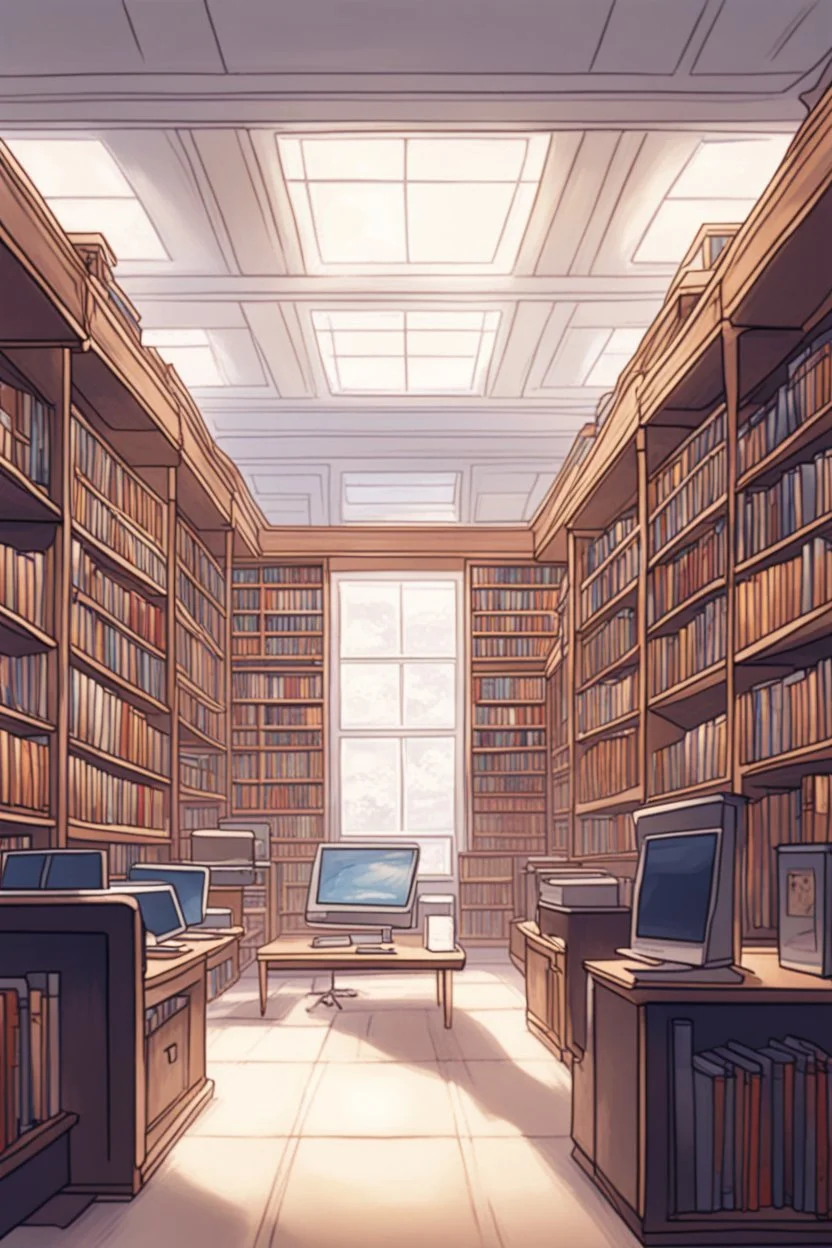 Library, state-of-the-art computers, book search. High-quality drawing, 8K