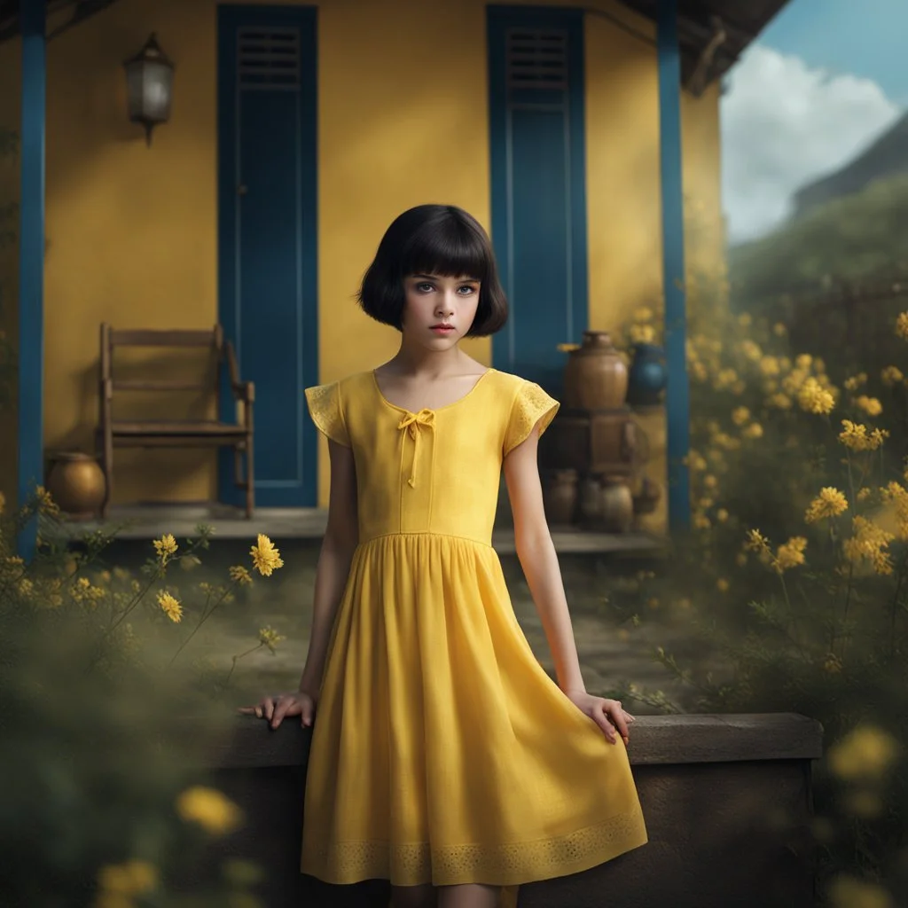 thin 12 year old girl with very short cropped dark hair, blue eyes, wearing a pretty yellow summer dress, outside a small house , photorealistic, dark fantasy