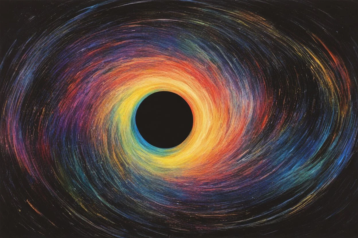 colorful, rainbow, A visually striking and abstract representation of the void and a black hole, utilizing dark hues and dynamic shapes to evoke the enigmatic and powerful aspects of cosmic emptiness, (visually striking abstract representation:1.4), (the void and black hole:1.5), (dark hues and dynamic shapes:1.3), (expressive and cosmic ambiance:1.2), drawing inspiration from abstract interpretations of the cosmic void and black hole phenomena