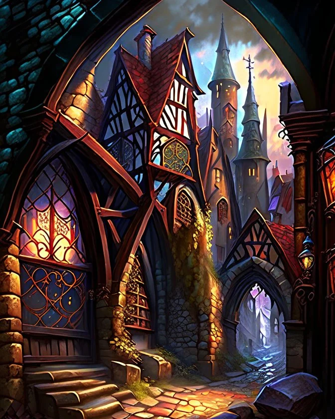 medieval fantasy cobblestone town with stained glass window buildings fairytale rpg art