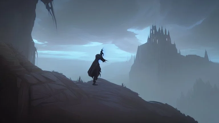 Sorcerer in white robe and hood approaches castle on a cliff