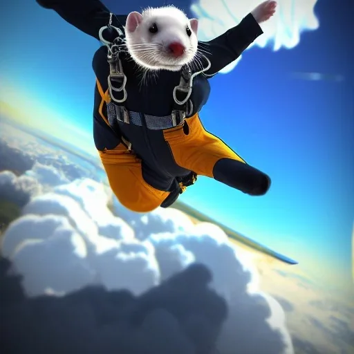 ferret wearing jumpsuit and parachute, skydiving, clouds, plane, intricate, ultra-fine detailed, 8k, ultraHD, high-quality, 3d, realistic, trending on artstation, midjourney style, elaborate, openjourney style,