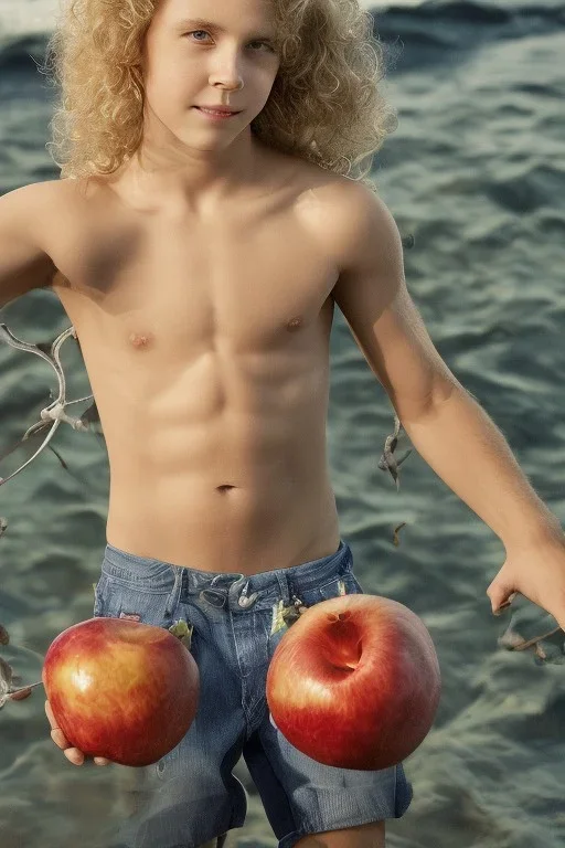 full body image of a beautiful 12 year old boy with shoulder long, blonde curly hair and light blue eyes, smiling, shirtless, holding a red apple in his right hand, in front of an distant beach, photorealistic