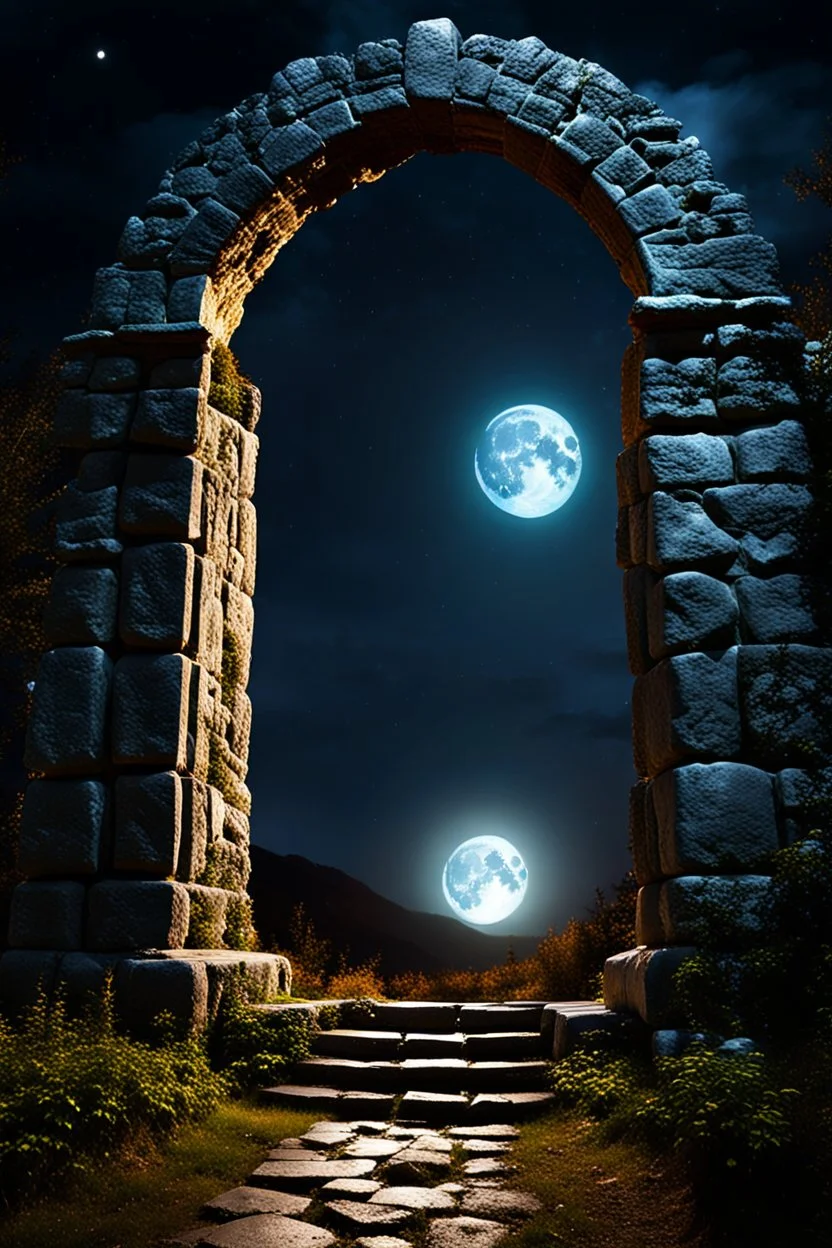 Stone moongate glowing at night under a full moon dark fantasy