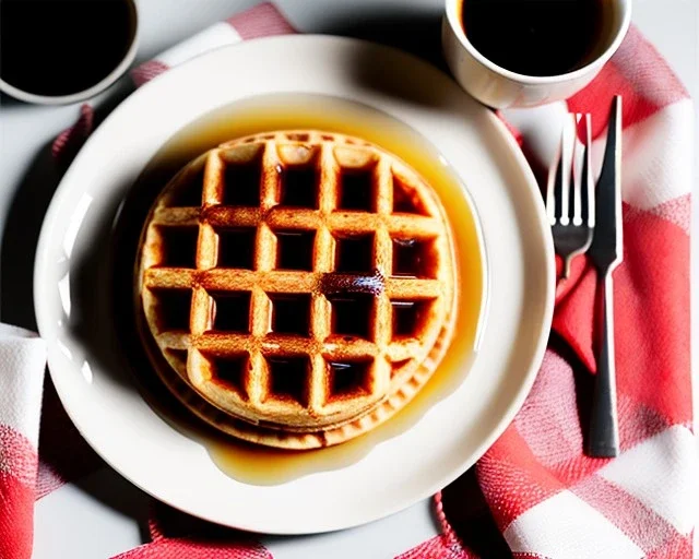 Round waffle with maple syrup plate, plaid napkin and fork