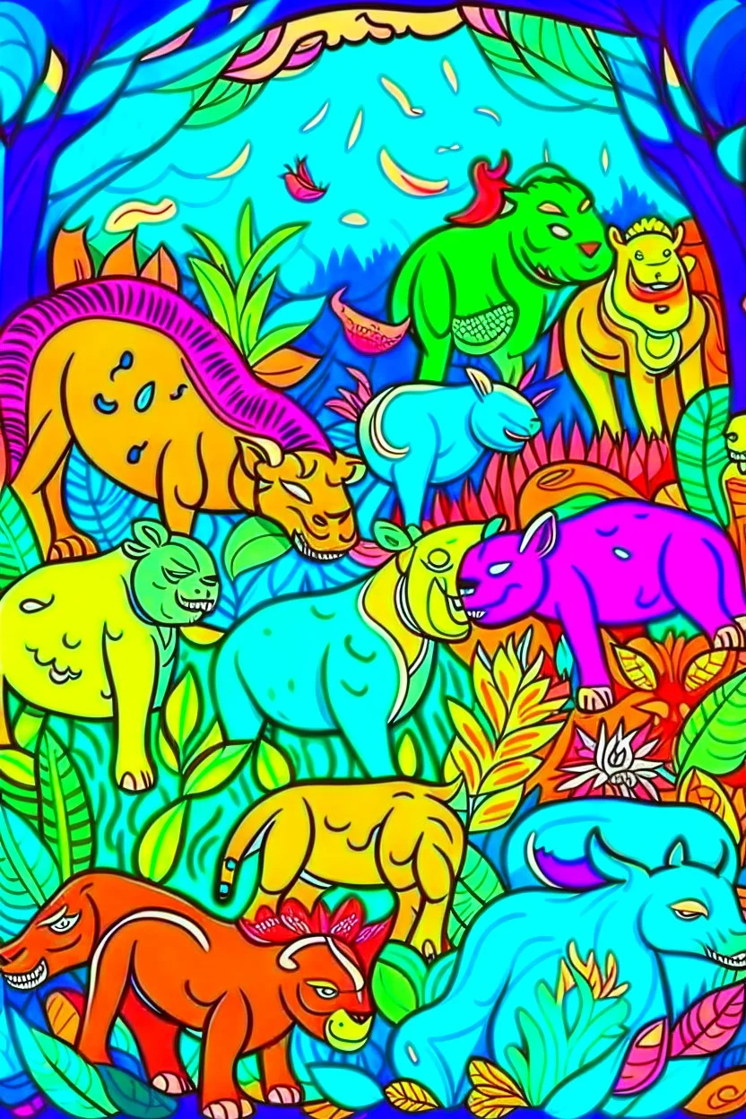 COLORED DRAW ANIMALS ON THE JUNGLE, CARTOON STYLE, LOW DETAILS, THICK LINES, NO SHADING, VIVID COLOR