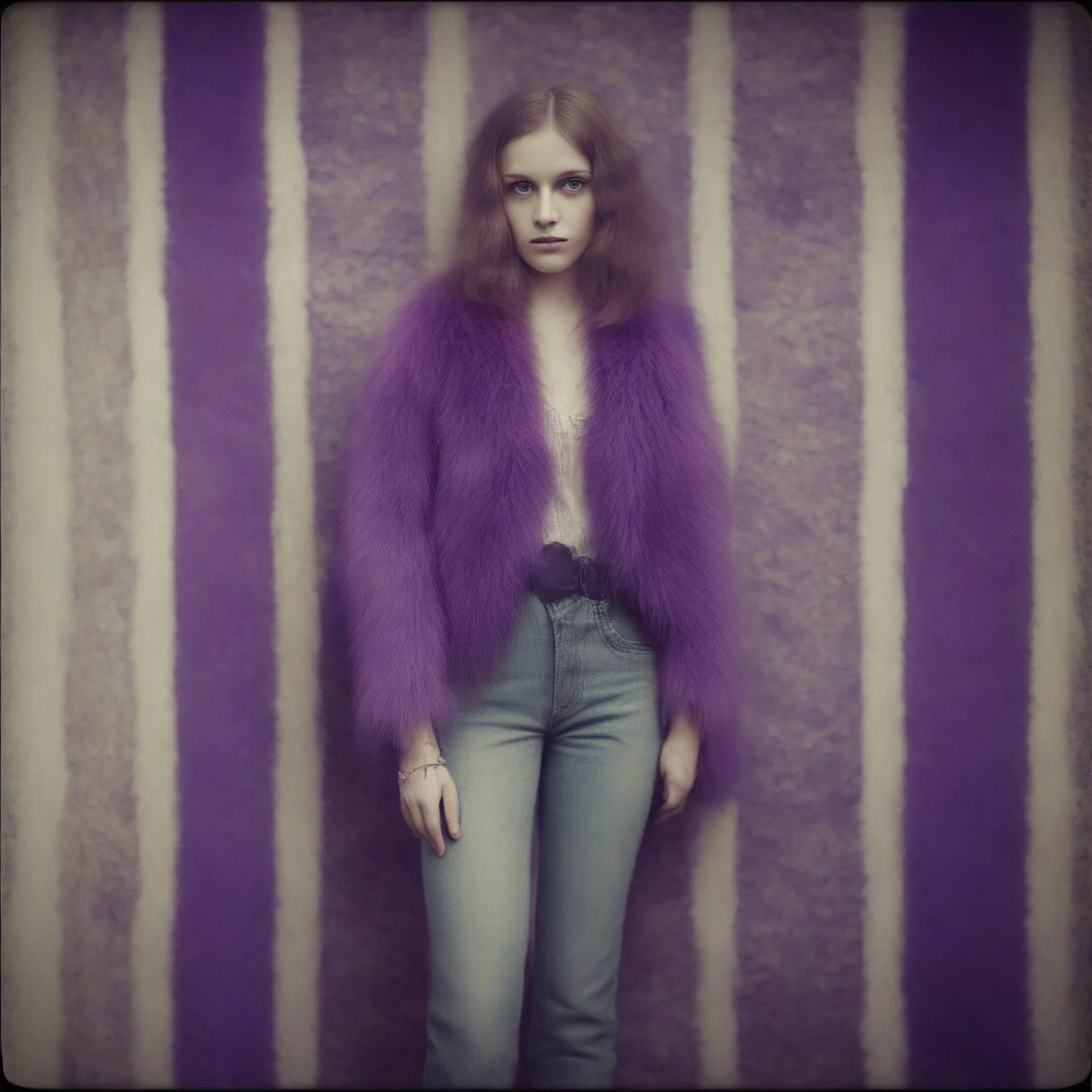 Hippie girl, jeans, purple fur, striped wallpaper, old autochrome
