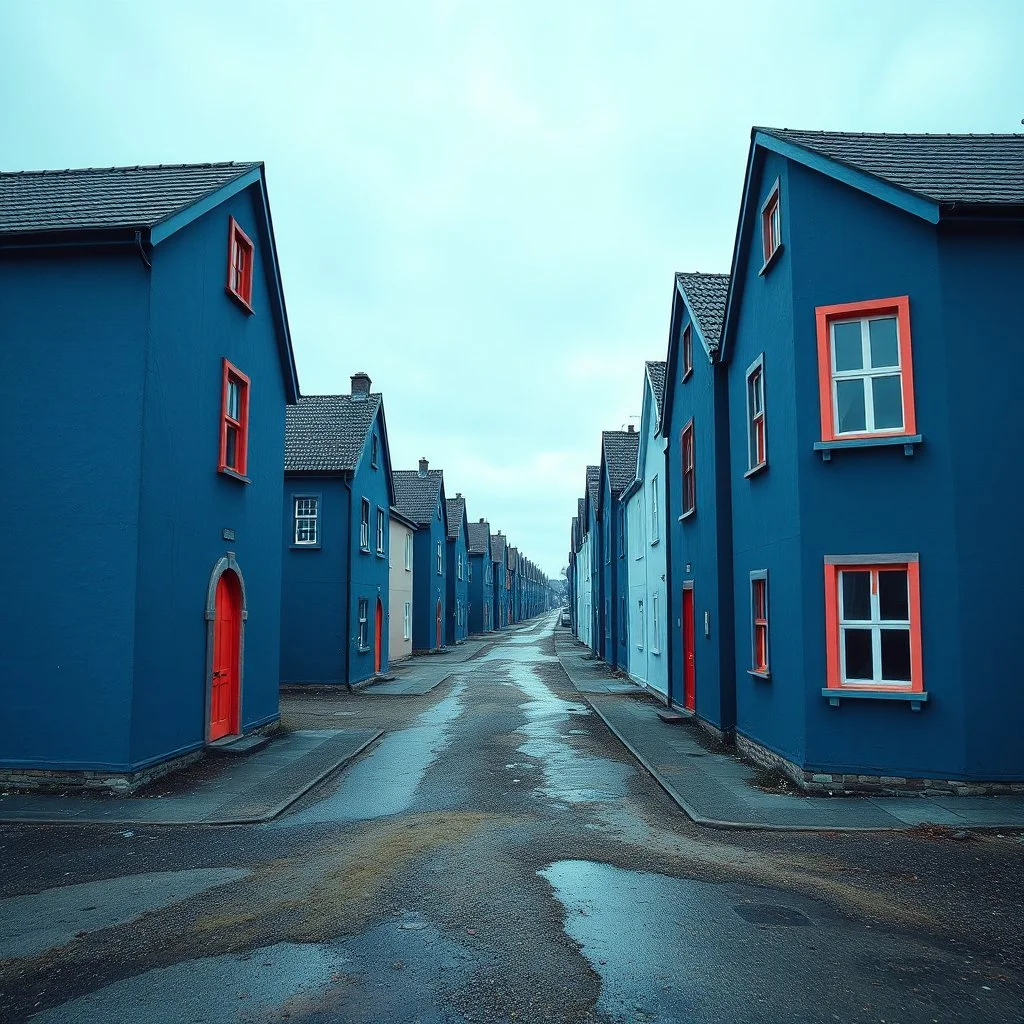 Fotografia di strada assurda e falsa orripilante blu weirdcore dai colori vivaci. Yves Tanguy. Non luogo falso, inusuale. Max Ernst. Le case sono false e dipinte di nero chiaro con cose stilizzate e dettagli. Ci sono finestrelle false quadrate, che danno un senso distopico e molto surreale, disposte in modo casuale. L'atmosfera generale sembra noiosa e onirica, con un contrasto tra elementi reali ed elementi dipinti falsi, on the shore, René Magritte, oddest things