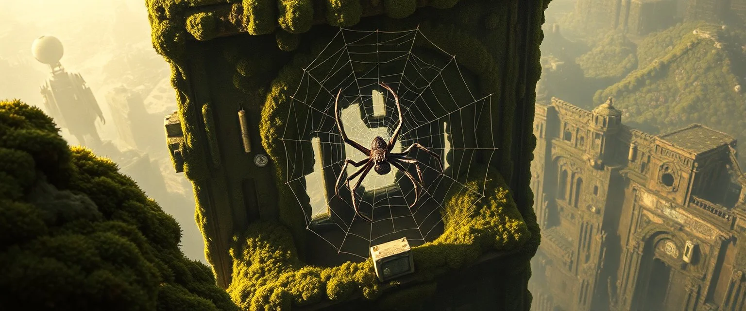 dragon spider in web from mossy tower, master oil painting by Rembrandt and Escher, moss covered space station, brightened edges to give a sense of depth