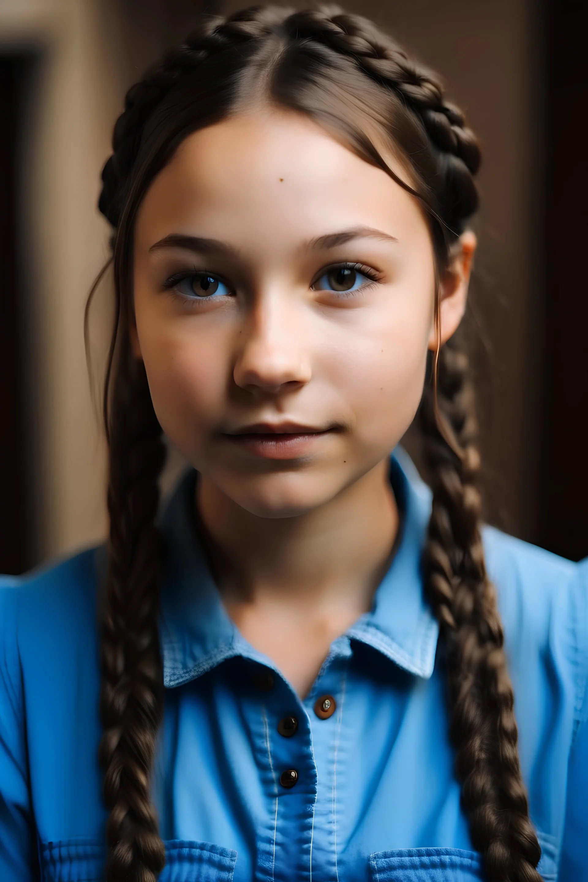 A girl with brown hair in two braids with brown eyes and a blue jumpsuit with a white shirt underneath