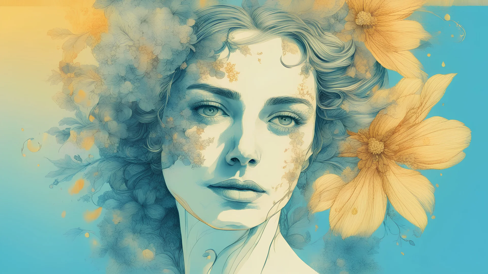 blue background, 18th century, double exposure, portrait Woman 43 years old, wind, flowers, tears, plants, yellow, blue, green, orange colors, bright, drops, detailed, fine drawing, high detail, high resolution, 8K, tattoo, city, double exposure,