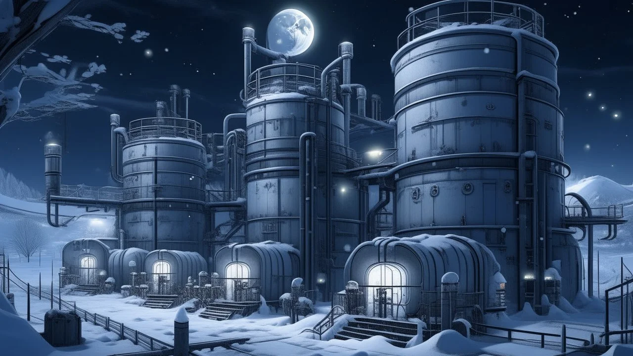 Excited robots living in hyper detailed Carpenter Gothic architecture silos, now homes, during a snowy winter night, HD, mechanic details highlighted by moonlight, snow-covered landscape.
