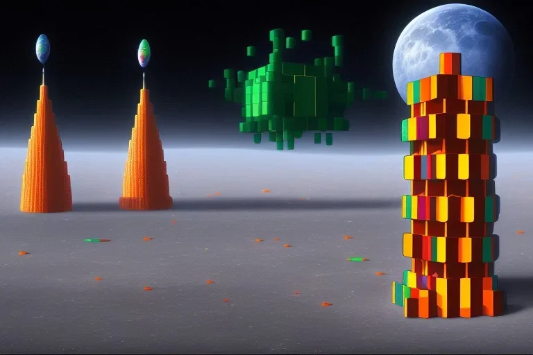 Painting of one mile tall plastic city Towers on the moon made out of stacked Rubik's Cubes, Orange, white, blue, green. Jewel tones