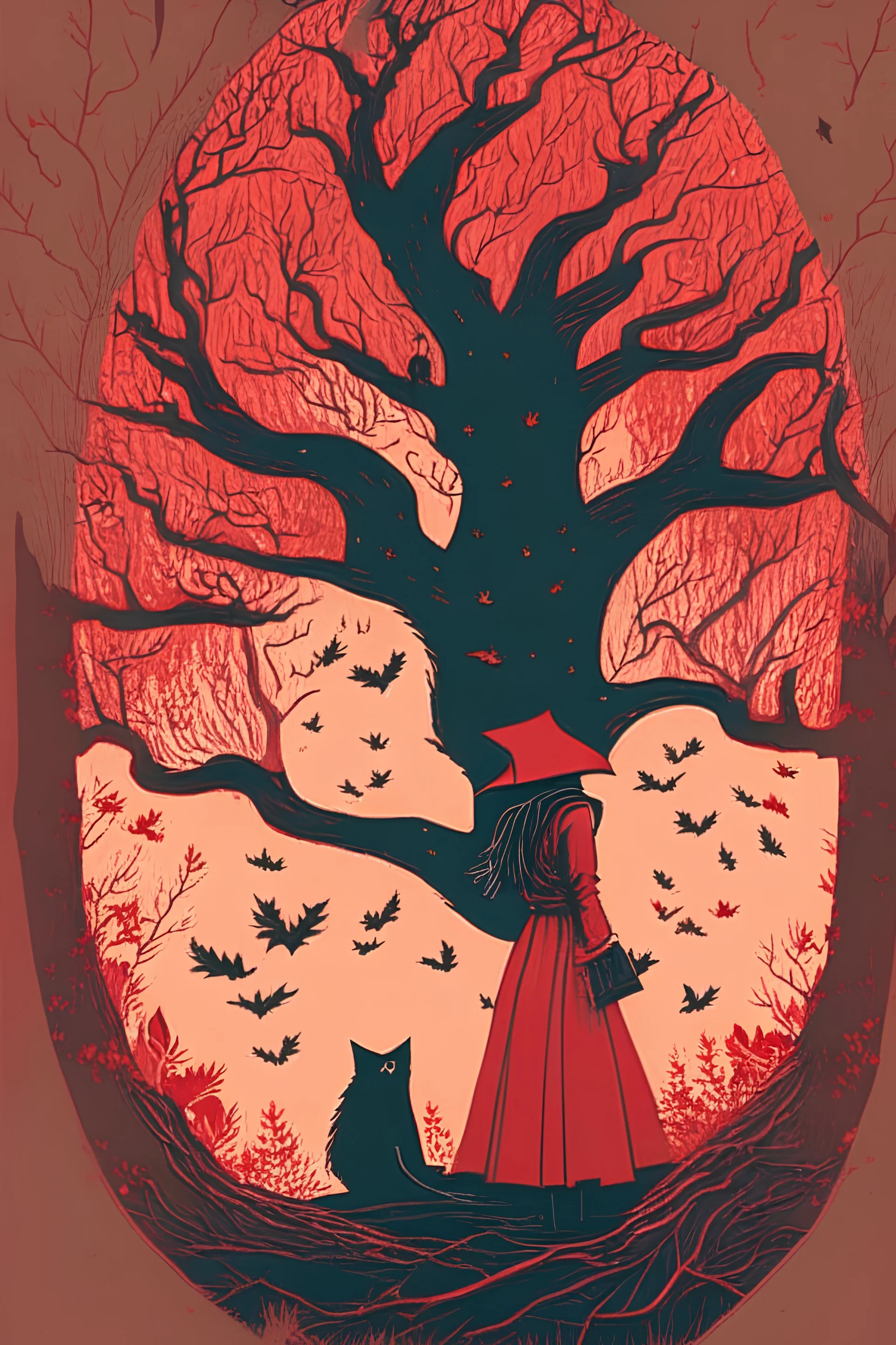 in a cosy vintage style, a witch marvels at a red tree