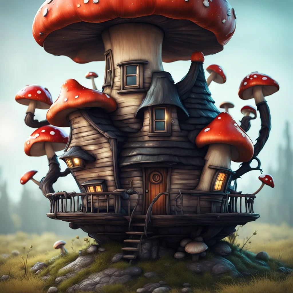 A funny floating mushroom house in space. cold neutral colors, black, Detailed gloss Painting, rich color, fantastical, intricate detail, splash screen, hyperdetailed, insane depth, concept art, 8k resolution, trending on Artstation, Unreal Engine 5, color depth, dynamic lighting, splash art, dramatic, masterpiece, excellent quality beautiful Fun Imaginative, unique, great composition