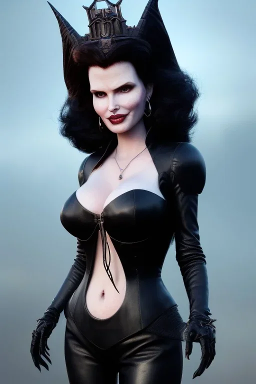 Geena Davis as evil queen in black leather, leather, busty, cleavage, angry, rage, stern look. character design by cory loftis, fenghua zhong, ryohei hase, ismail inceoglu and ruan jia. unreal engine 5, artistic lighting, highly detailed, photorealistic, fantasy