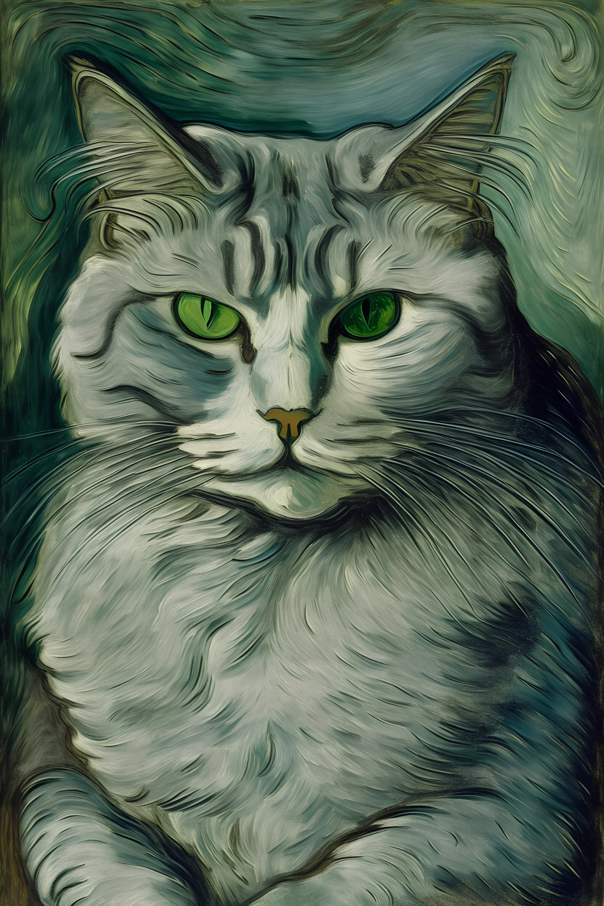 Portrait of a gray good cat by Van Gogh