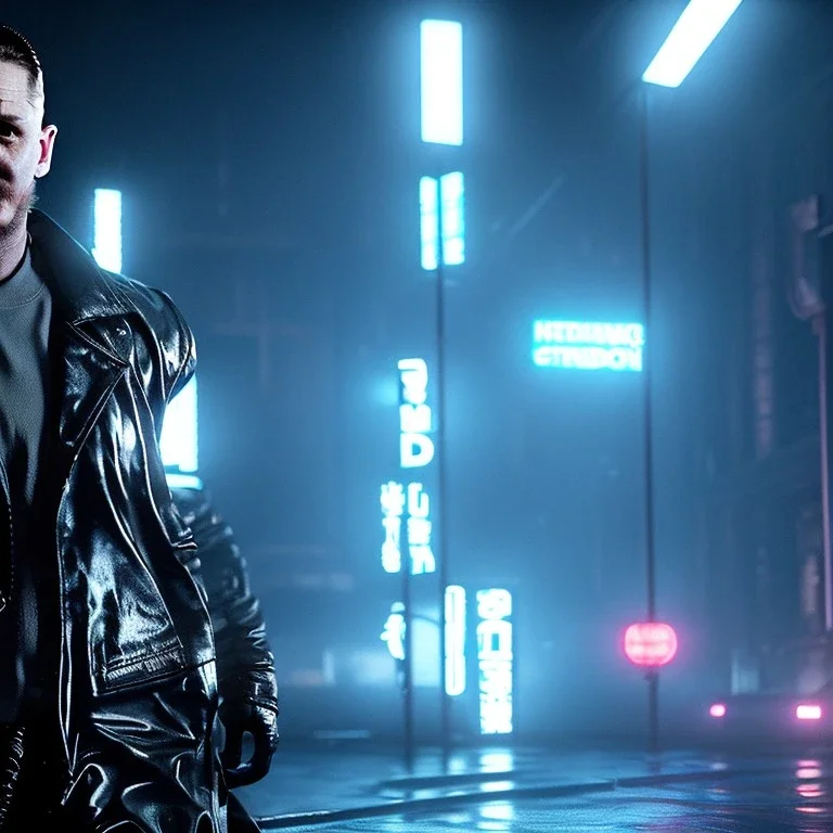 Actor, tom hardy, replicant man, blade runner style, rain, fog, neon ambient, gradient color, clean skin, circuits, latex coat, cyber punk, neon, tubes, portrait, studio photo, unreal engine 5, smooth color, 16 bit, god lights, ray tracing, RTX, lumen lighting, ultra deatail, volumetric lighting, 3d, finely drawn, hd.