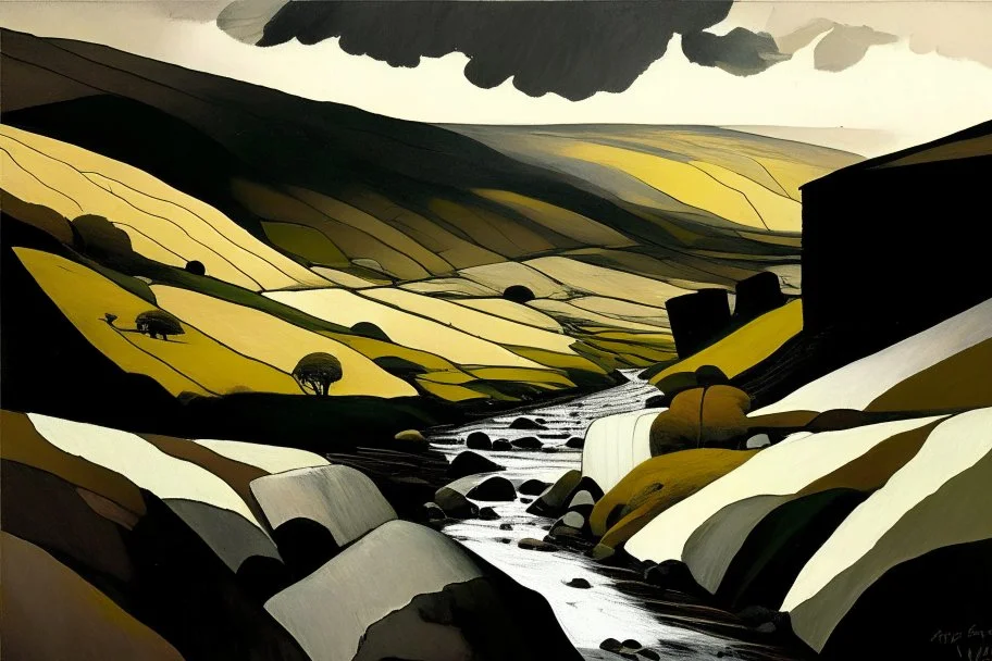Yorkshire dales in the style of kyffin Williams