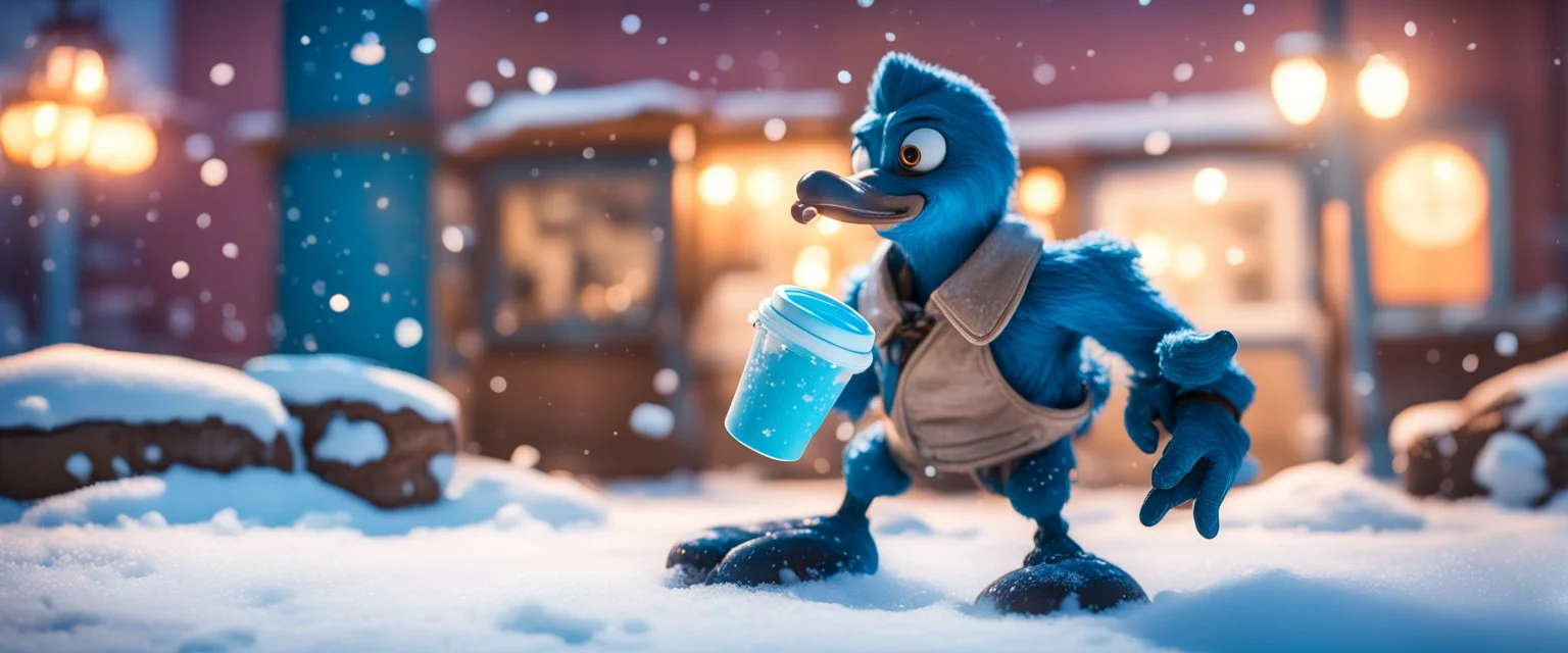 photo shoot of wereduck shadow boxer creature in ice cream and snow, in fallout 4 setting, bokeh, downlight, prize winning, depth of field, in the style of ivo caprino