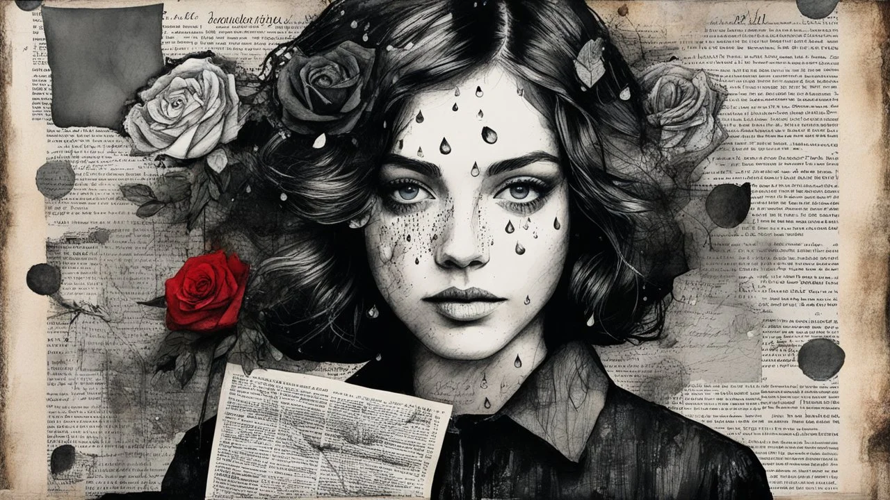 Collage. Beautiful portrait in charcoal and ink. Mixed media. Newspaper clippings, photographs, love letters, roses. Magazine style. Raindrops. Dark. Detailed. Alcohol ink. Worn texture. Crisp focus. Inked outlines. Hints of bright colors. Authors: Katherine Welz-Stein and Sam Toft