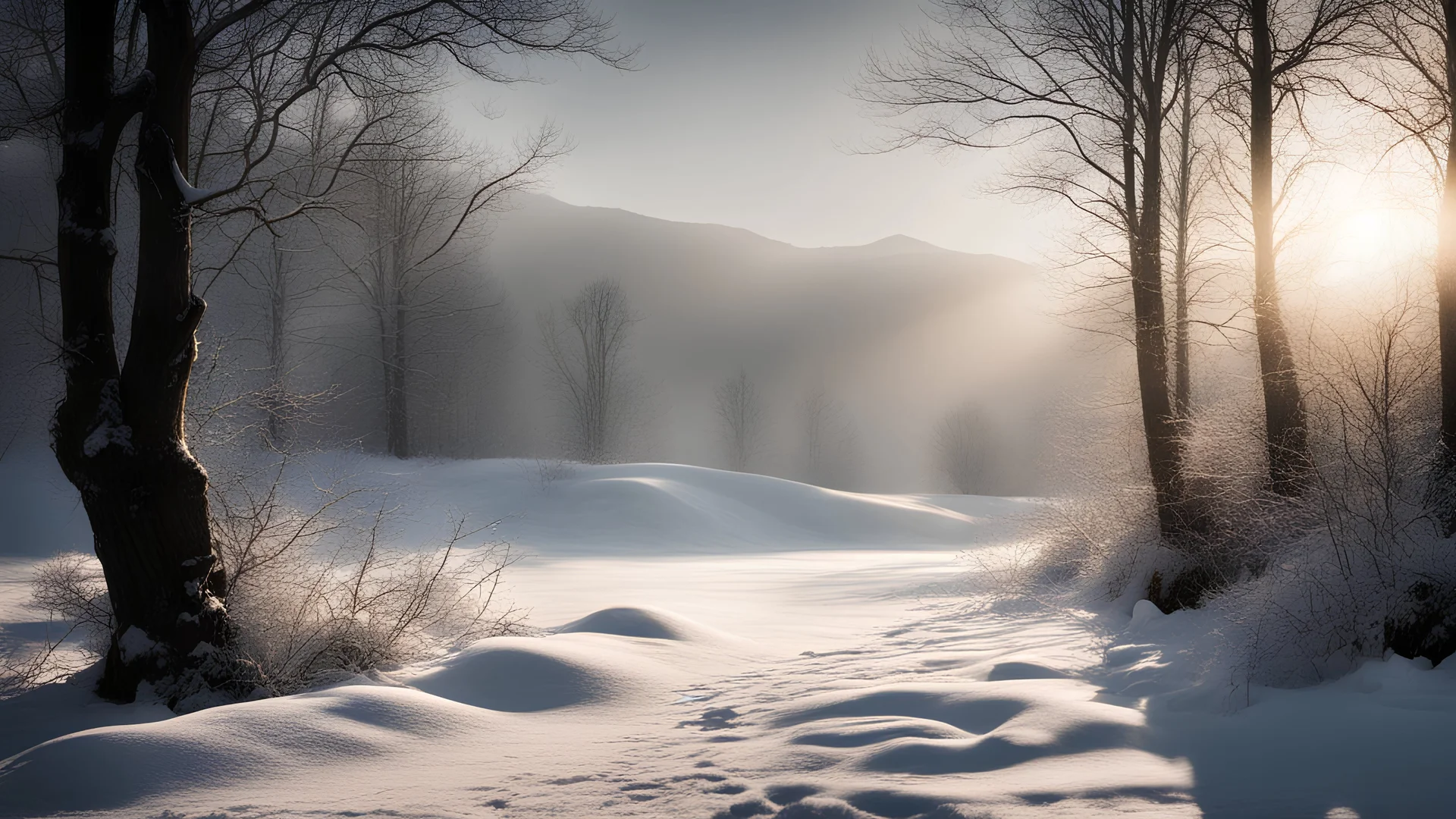 calm beauty, uplifting, inspiring, therapeutic, landscape, winter, sunlight, chiaroscuro, color, award-winning colour photograph, Nikon 85mm